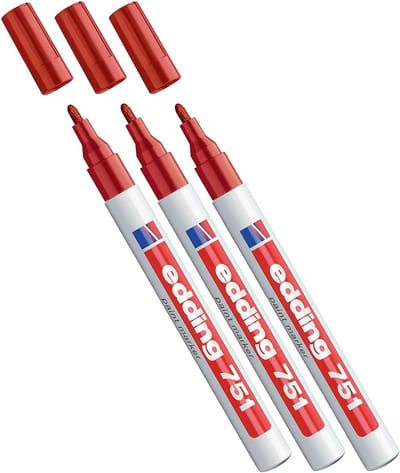 Edding Glanslak marker - ronde punt - creatief vormgeven van bijna alle oppervlakken (bijv. glas, karton, donker papier, keramiek, steen) (1-2 mm, rood, 3)