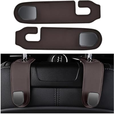 Dailygoods- Hoofdsteunhaak 2 Stuks - Multifunctionele Haken - Duurzaam Microvezelleer - Universele Haak - Zwart/Bruin - 16 x 2,5 cm - Autohaak