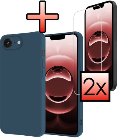 Hoesje - Met 2x Screenprotector - Geschikt voor Apple iPhone 16e / 17e - Sterk & Shockproof - Back Cover - Siliconen Case - Telefoon Hoes - Donkerblauw