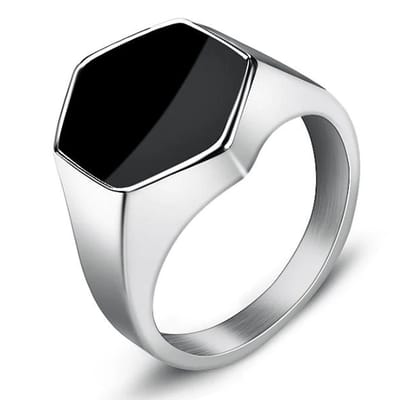 Zegelring Heren Zilver Kleurig met Zwarte Steen - Zeshoekig - Staal - Ring Ringen - Papa Cadeau Voor Mannen - Vaderdag