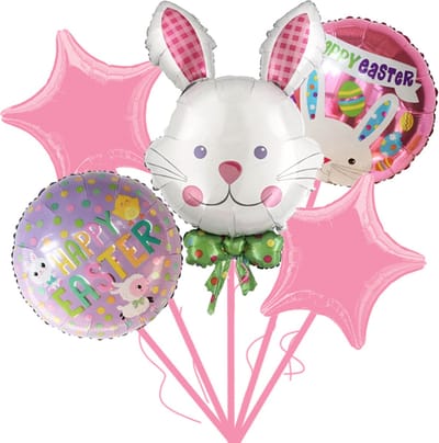Loha-party®Paasdecoratie Ballon-vrolijk pasen-Feestartikelen-Gekleurde eieren-konijntje met groene vlinderdas-Kuikentje Folie Ballon-Schaarp Folie Ballon-Easter-Lente -Happy Easter-Konijn-Roze Folie Ster-Feestpakket-Versiering-Decoratie