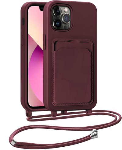 Hoesje Geschikt voor iPhone 13 Pro Telefoonhoesje Met Koord Case Pashouder Siliconen - Hoes Geschikt voor iPhone 13 Pro Hoesje Met Kaarthouder - Aubergine