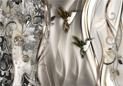 Fotobehangkoning - Behang - Vliesbehang - Fotobehang Kolibries - Hotel Chique - Luxe - Vogels - Diamanten - Hummingbirds on the Wave (Brown) - 150 x 105 cm