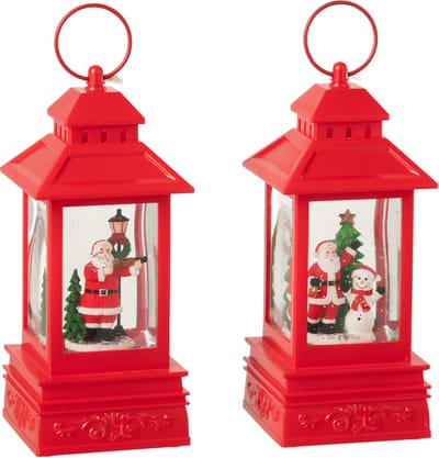 J-Line decoratie Waterbol Lantaarn Kerstman - kunststof - rood - 2 stuks