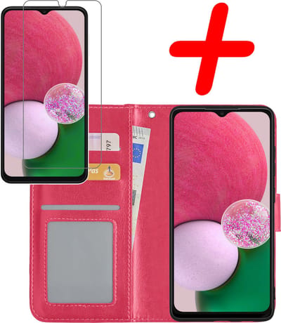 Hoesje Met Screenprotector - Geschikt voor Samsung Galaxy A13 4G - Luxe Pasjeshouder - Bookcase Portemonee - Flip Case - Kunstleer Book Case - Flipcase - Book Cover - Walletcase - Portemonneehoes - Donkerroze