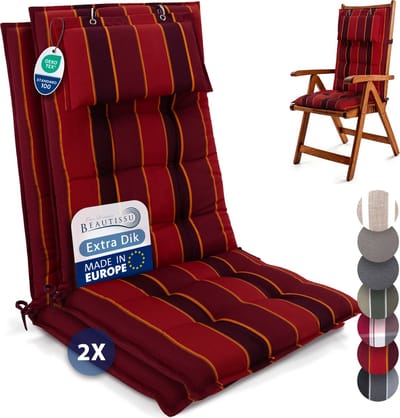 Beautissu Sun-HL – Set van 2 Premium Hoge Rugleuning Stoelkussen 120x50 cm – UV-bestendig – 8cm Dik – met Hoofdkussen & Bevestigingsbanden – Antislip – Rood Gestreept