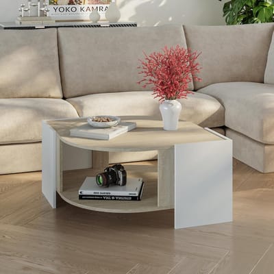 Moderne salontafel - Bijzettafel met opbergruimte - Woonkamer organiseren - Stabiel tafelonderstel - 75x75x40 cm - Travertin en wit