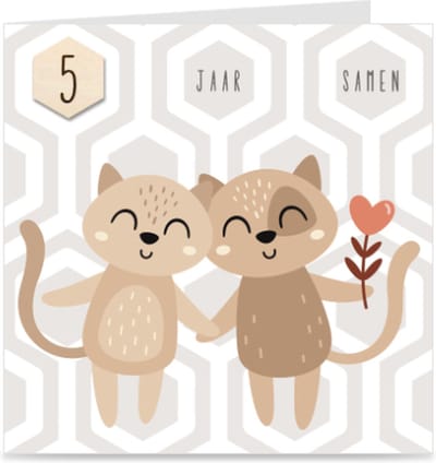 5 JAAR SAMEN | kaart / wenskaart met envelop | KATTEN | voor relatie / partners / koppel
