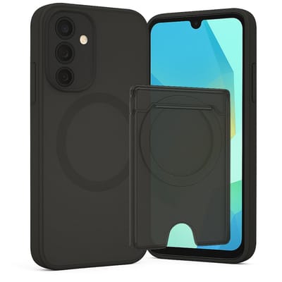 SnapSkin Hoesje & Pasjeshouder geschikt voor Samsung Galaxy A16 - Geschikt voor MagSafe Case - Magnetische Kaarthouder - Semi-Transparant Zwart