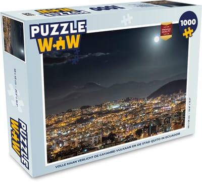 Puzzel Volle maan verlicht de Cayambe-vulkaan en de stad Quito in Ecuador - Legpuzzel - Puzzel 1000 stukjes volwassenen