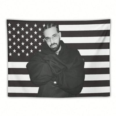 1 pièce Drapeau Tapisserie Fan Hip Hop Drake, Décor Mural 2D Polyester, Art Drapeau Américain Noir Blanc, Chambre Salon Dortoir Accrochage Mural 60X90cm
