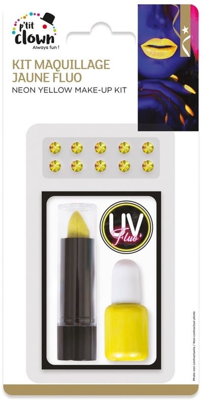 Make‑up Kit – Neon Geel– UV‑Reactief - festival - Neon Party - Fluo - Strass Steentjes - Lipstick - Nagellak