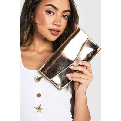 boohoo Dames Metallic omvouwbare clutchtas | Goud