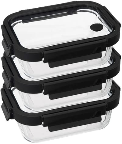 5Five Vershoudbakje met deksel - 3x - glas - luchtdicht - met clips - 19 x 14 x 7 cm - 500 ml - zwart/transparant