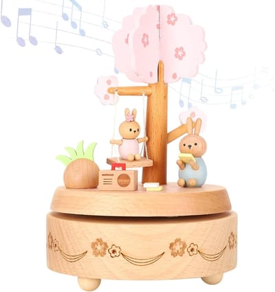 Allecto Plus - Konijntje Muziekdoos Speeldozen 19×15×14 Houten Muziekdoos Met Handgemaakt Ambacht - Leuke Verjaardagscadeau