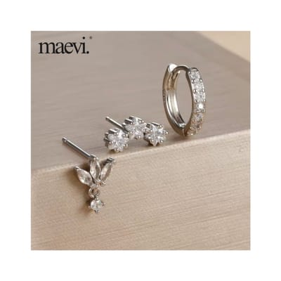 Maevi® Oorbellen Set 3 Stuks - Kleur: Zilver - Hoge Kwaliteit - Oorbellen Set - Meerdere Oorbelgaatjes - Oorbellen / Earrings - Oor Versiering - Luxe Set - Gouden Oorbellen - Meerdere Gaatjes - Cadeau - 18 Karaat - Oorhangers