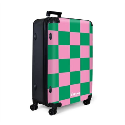NoBoringSuitcases.com® - Koffer groot - Reiskoffer lichtgewicht - Roze met groen schaakbord print - Rolkoffer met 4 wielen - Grote trolley XL - 98 liter bagage
