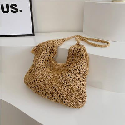 Sac à bandoulière tissé creux fait main au crochet style artistique pour vacances à la plage pour femmes brown