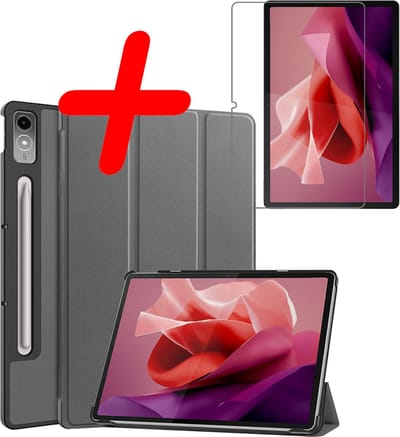 Hoesje Geschikt voor Lenovo Tab P12 - Met Screenprotector - Trifold Bookcase - Hard Cover Case - Met Uitsparing Geschikt voor Lenovo Pen - Hardcover Book - Tablet Hoes - Grijs
