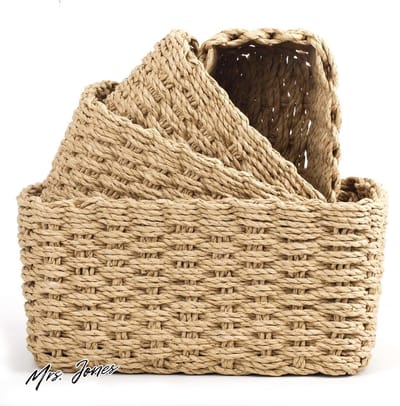 Mrs. Jones Set van 4 gevlochten opbergmanden van papiertouw - boho decoratieve mand - opbergmand luiertafelorganizer - stapelbare opbergmanden voor woonkamer keuken kinderkamer badkamer. .