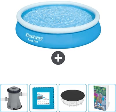 Bestway Rond Opblaasbaar Fast Set Zwembad - 366 x 76 cm - Blauw - Inclusief Pomp - Vloertegels - Afdekzeil - Zwembadgids
