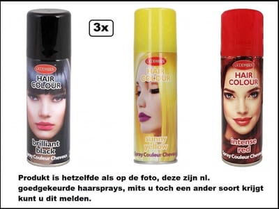 3x Haarverf/haarspray zwart/geel/rood 125 ml - Brilliant black/ Sunny yellow/ Intense red - Word bezorgd in doos ivm beschadiging - Festival thema feest carnaval haar kleurspray party