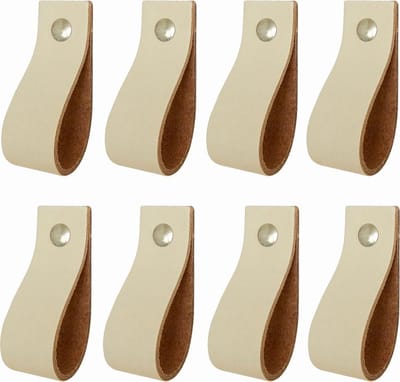 8x Leren handgrepen 'de lus' XS - CREME (12,6 x 2,5 cm) - incl. 3 kleuren schroefjes (handgreepjes - leren grepen - greepjes - leren lusjes)