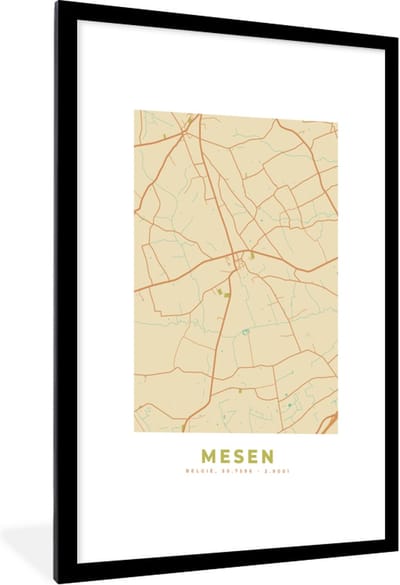 Fotolijst incl. Poster - Kaart - Stadskaart - Vintage - Mesen - Plattegrond - 60x90 cm - Posterlijst