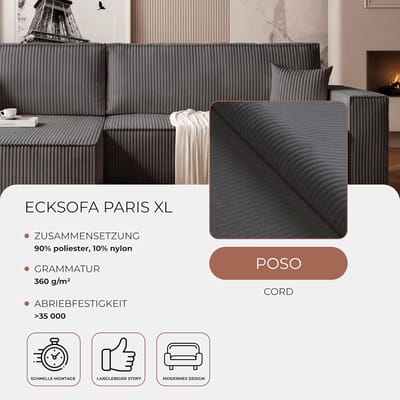 Slaapbank met Opbergruimte en Slaapfunctie 276x145x79 cm L-vorm Corduroy Hoekbank 3-Zits met Bedlade en Ottomaan – Modern en Comfortabel – Poso 34 – Laura
