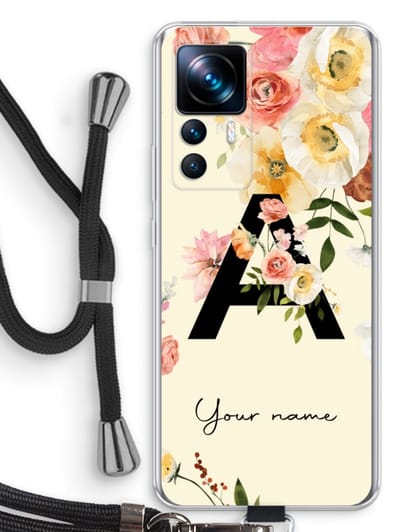 Gepersonaliseerd - Case Company® - Hoesje met koord geschikt voor Xiaomi 12T hoesje met Koord - Flirty Flowers Monogram - Telefoonhoesje met Zwart Koord - Bescherming aan alle Kanten en Over de Schermrand