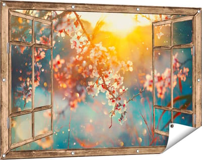 Gards Tuinposter Doorkijk Bloesemboom tijdens Zonsondergang - Bloem - 120x80 cm - Tuindoek - Tuindecoratie - Wanddecoratie buiten - Tuinschilderij