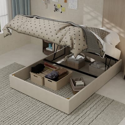 MODFU Bedframe 140x200 cm – Met gaslift opbergruimte – Gestoffeerd in beige – Zonder hoofdbord – Modern minimalistisch