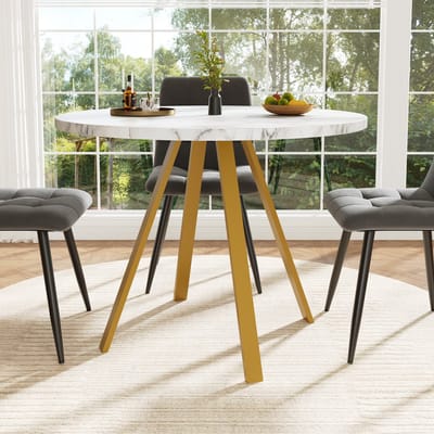 5-Delige Eettafelset, Ronde Eettafelset, Zitgroep, Keukenmeubilair – De tafel meet 80x80x75 cm, Inclusief 4 Stoelen, Tafelblad Met Marmerlook, Metalen Tafelpoten, Wit