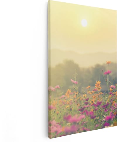 Artaza Canvas Schilderij Bloemenveld - 80x120 cm - Groot - Wanddecoratie Bloemen - Muurdecoratie Zonsondergang - Schilderijen Op Canvas