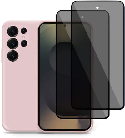 Technow hoesje + 2x Privé Screenprotector geschikt voor Samsung S25 Ultra – Privacy Tempered Glass - Back Case Cover Roze