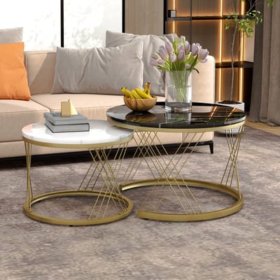 Wishdor - Salontafelset - Rond Nestbaar - Modern - Voor Woonkamer - MDF Met Marmerpatroon En Metaal - Set Van 2