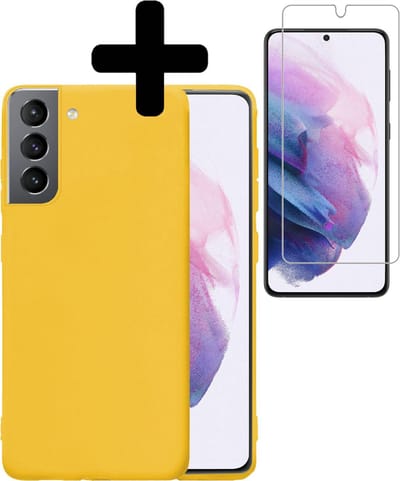 Hoesje - Met Screenprotector - Geschikt voor Samsung Galaxy S21 - Sterk & Shockproof - Back Cover - Siliconen Case - Telefoon Hoes - Telefoonhoesjes - Geel