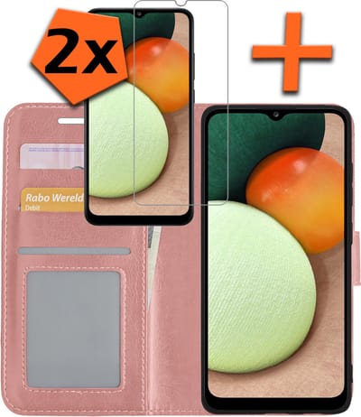 Hoes - Met 2x Screenprotector - Geschikt voor Samsung Galaxy A02s - Luxe Pasjeshouder - Bookcase Portemonee - Flip Case - Kunstleer Book Case - Flipcase Hoes - Book Cover - Walletcase - PortemonneeHoes - Rosé goud