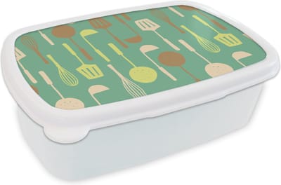 Broodtrommel Wit - Lunchbox - Brooddoos - Spatel - Lepel - Patronen - Keuken - 18x12x6 cm - Volwassenen