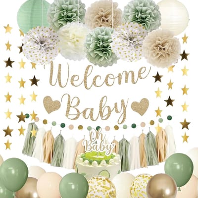 Feestdecoratie Set - Babyfeest Versiering - Babyborrel Versieren - Gender Neutraal Design - 35 x 15 cm - Saliegroen