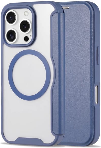 Portemonnee Hoesje Geschikt voor Apple iPhone 16 Pro Max | Compatibel met MagSafe | Wallet Book Case met Magneet | Beschermhoes met Pasjeshouder | Transparant / Blauw