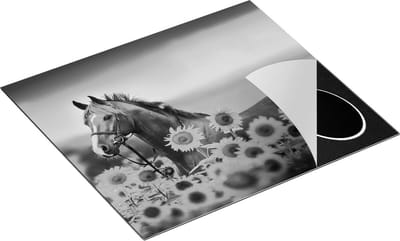 Chefcare Inductie Beschermer Bruin Paard tussen de Zonnebloemen - Zwart Wit - 60x50 cm - Afdekplaat Inductie - Kookplaat Beschermer - Inductie Mat