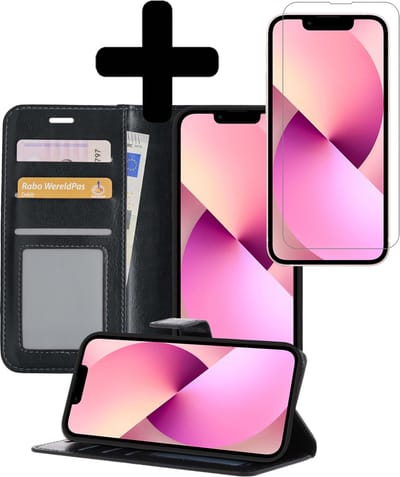 Hoesje - Met Screenprotector - Geschikt voor Apple iPhone 14 - Luxe Pasjeshouder - Bookcase Portemonee - Flip Case - Kunstleer Book Case - Flipcase - Book Cover - Walletcase - Portemonneehoes - Telefoonhoesjes - Zwart