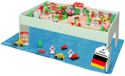 Coemo speeltafel met houten spoorweg, 90 onderdelen, rails, trein, huisjes, multifunctionele tafel voor kinderen, mintgroen