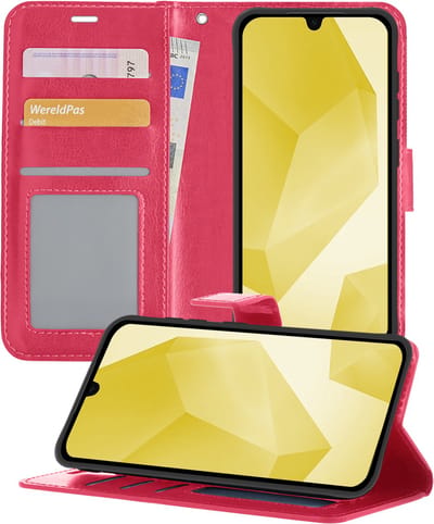 Hoesje - Met Pasjeshouder - Geschikt voor Samsung Galaxy A16 - Luxe Bookcase Portemonee - Flip Case - Kunstleer Book Case - Flipcase - Book Cover - Walletcase - Portemonneehoes - Telefoonhoesjes - Donkerroze