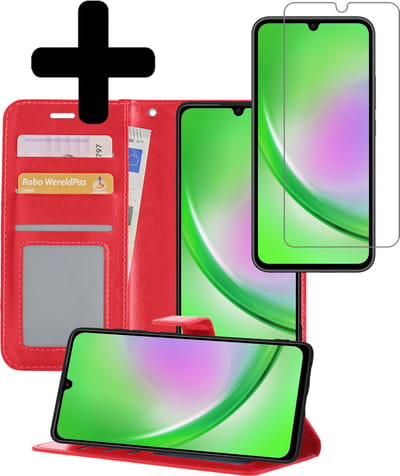 Hoesje - Met Screenprotector - Geschikt voor Samsung Galaxy A34 - Luxe Pasjeshouder - Bookcase Portemonee - Flip Case - Kunstleer Book Case - Flipcase - Book Cover - Walletcase - Portemonneehoes - Telefoonhoesjes - Rood