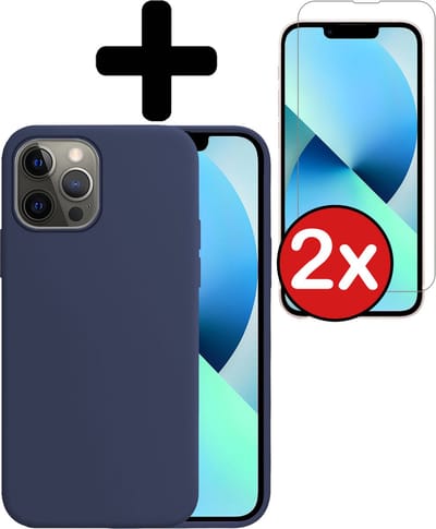 Hoesje - Met 2x Screenprotector - Geschikt voor Apple iPhone 14 Pro - Sterk & Shockproof - Telefoon Hoes - Back Cover - Siliconen Case - Telefoonhoes - Donkerblauw