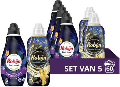 Robijn - Perfect Match Wasmiddel en Wasverzachter Pakket - Black Velvet + Beautiful Mystery - Voordeelverpakking - 5 stuks - 60 Wasbeurten