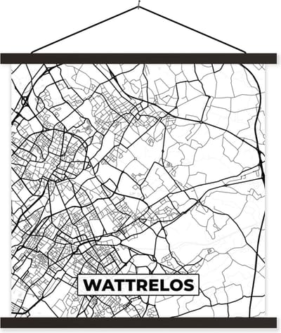 Posterhanger incl. Poster 60x60 cm - Schoolplaat - Stadskaart - Plattegrond - Kaart - Wattrelos - Frankrijk - Zwart wit - Textielposter - Zwarte latten - Stadskaart