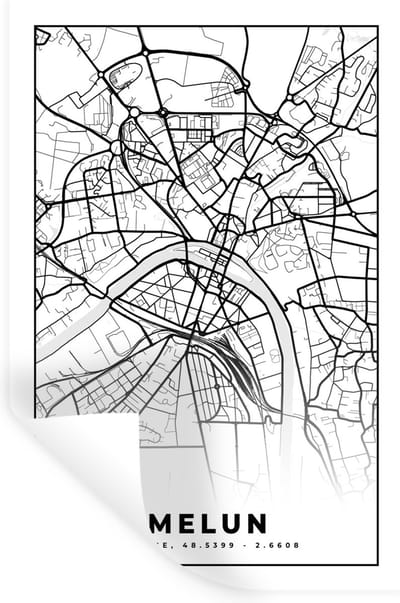 Muurstickers - Sticker Folie - Frankrijk - Stadskaart - Plattegrond - Kaart - Melun - Zwart wit - 20x30 cm - Plakfolie - Muurstickers Kinderkamer - Zelfklevend Behang - Zelfklevend behangpapier - Stickerfolie